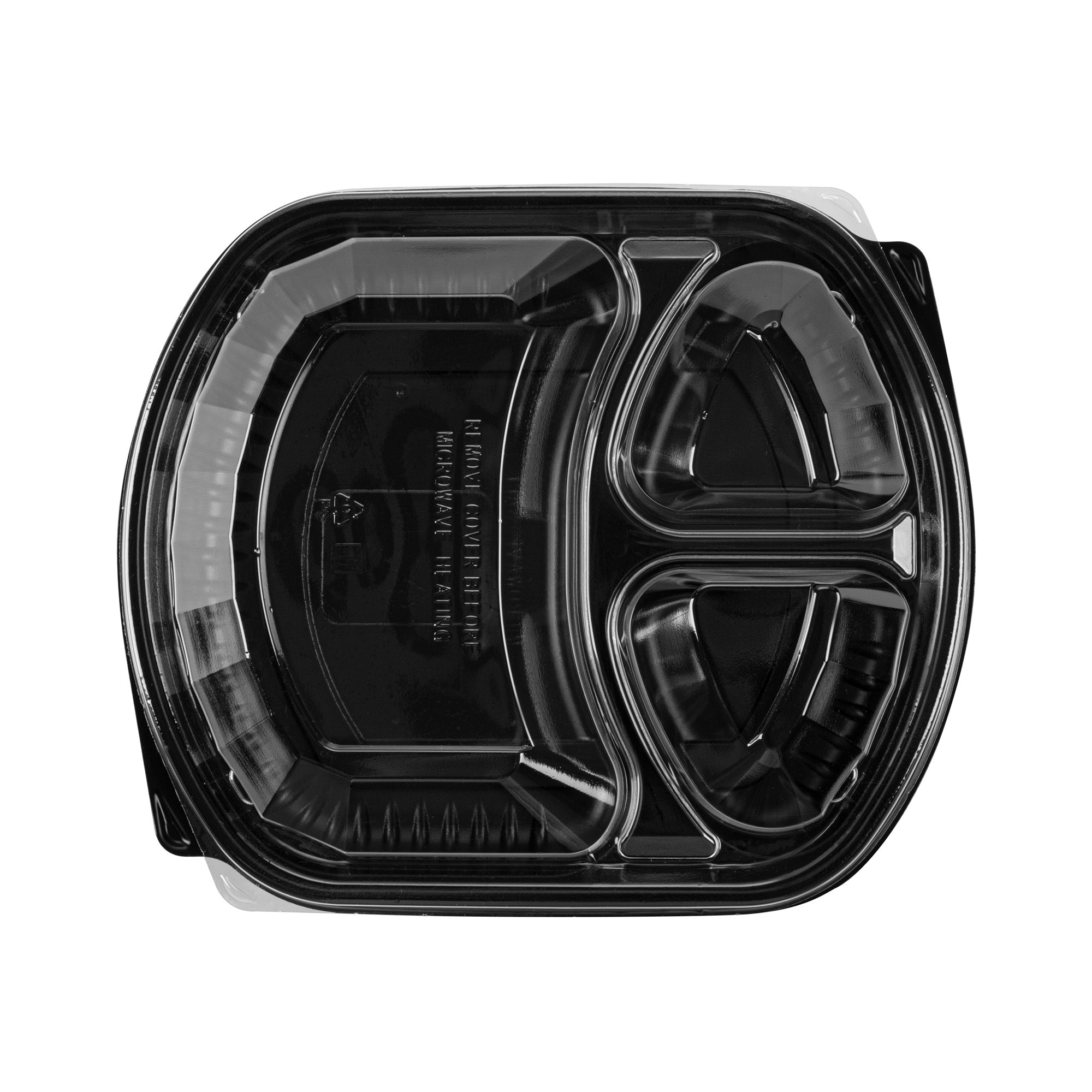Chef 101 36 oz Rectangle Black Plastic Food Container - with Clear Lid, Microwavable, 3 Compartments - 9 1/4" x 8" x 2 3/4" - 100 count box