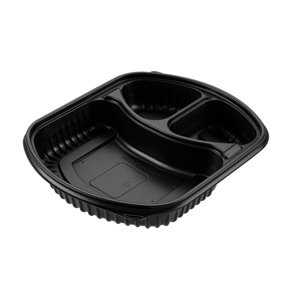 Chef 101 36 oz Rectangle Black Plastic Food Container - with Clear Lid, Microwavable, 3 Compartments - 9 1/4" x 8" x 2 3/4" - 100 count box