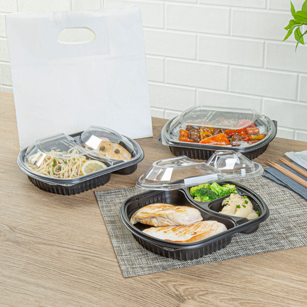 Chef 101 36 oz Rectangle Black Plastic Food Container - with Clear Lid, Microwavable, 3 Compartments - 9 1/4" x 8" x 2 3/4" - 100 count box