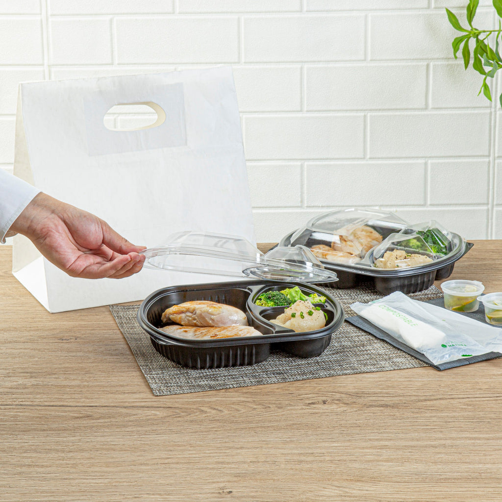 Chef 101 36 oz Rectangle Black Plastic Food Container - with Clear Lid, Microwavable, 3 Compartments - 9 1/4" x 8" x 2 3/4" - 100 count box