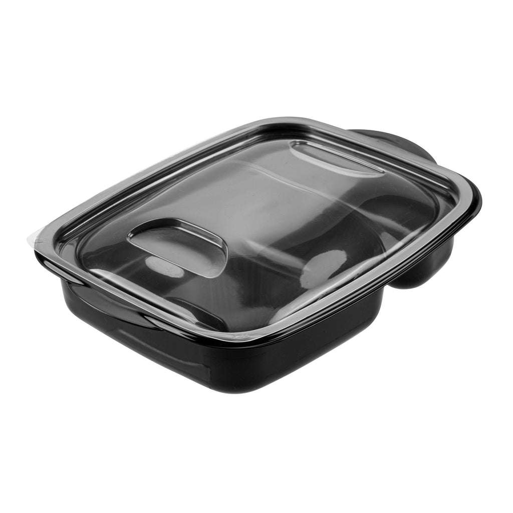 Chef 101 36 oz Rectangle Black Plastic Food Container - with Clear Lid, Microwavable, 2 Compartments - 8 3/4" x 7" x 2 1/4" - 100 count box
