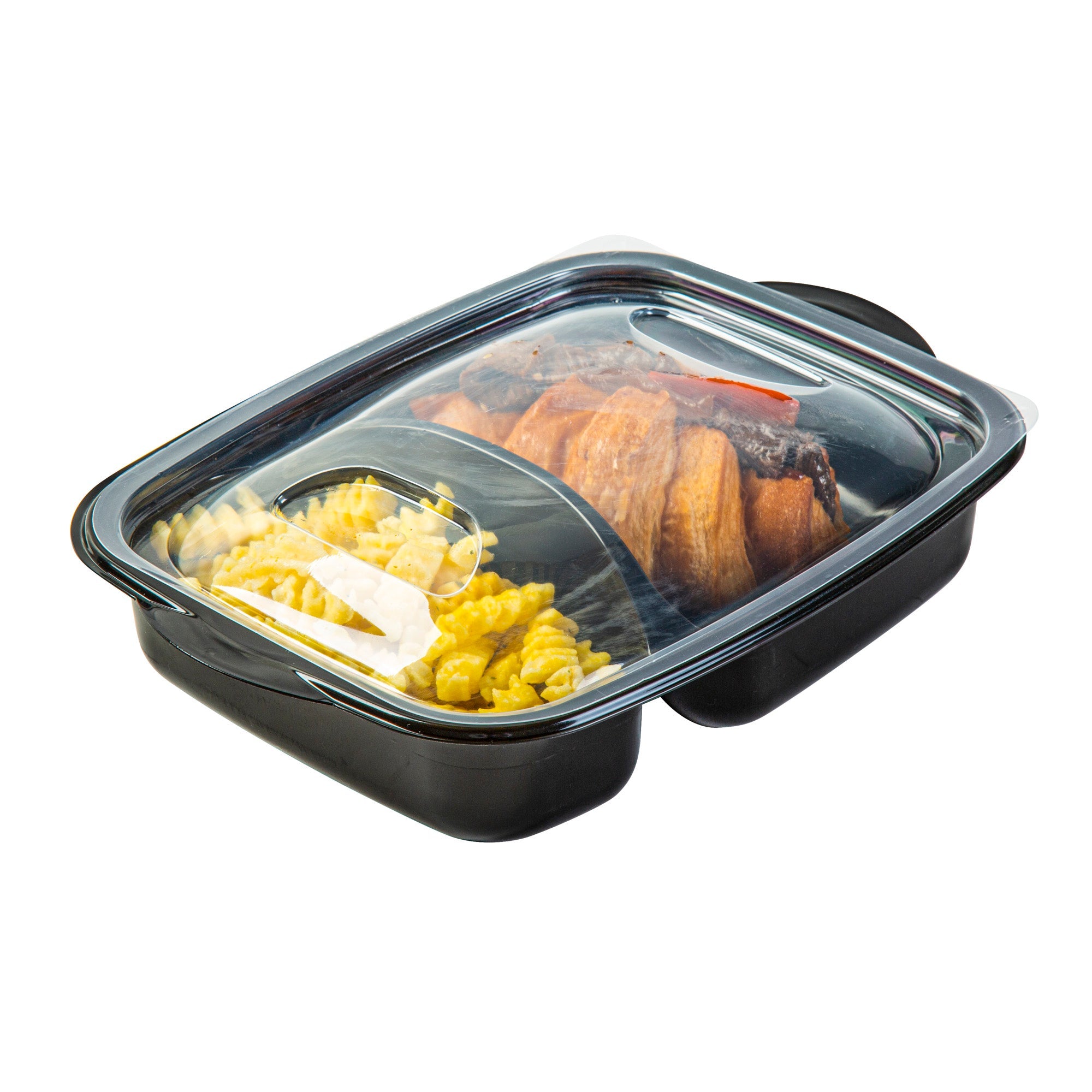 Chef 101 36 oz Rectangle Black Plastic Food Container - with Clear Lid, Microwavable, 2 Compartments - 8 3/4" x 7" x 2 1/4" - 50 count box