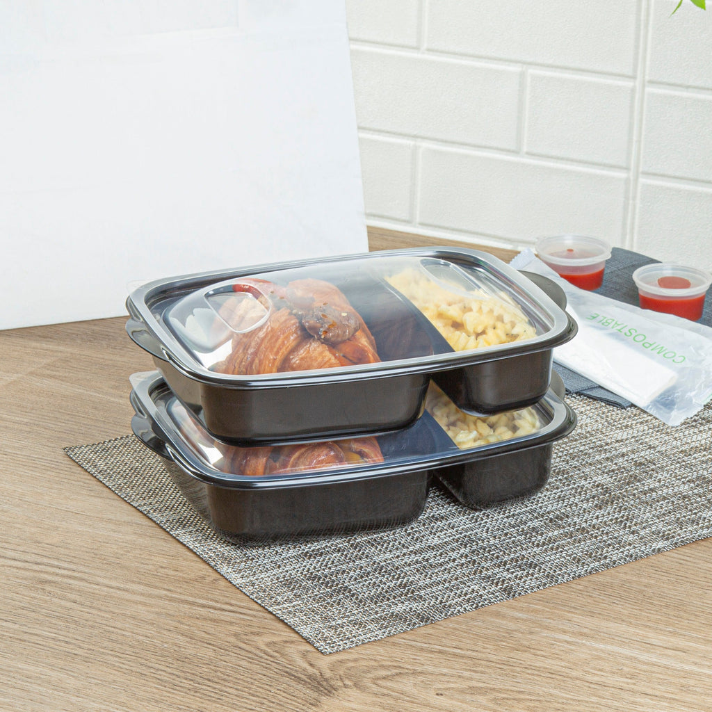 Chef 101 36 oz Rectangle Black Plastic Food Container - with Clear Lid, Microwavable, 2 Compartments - 8 3/4" x 7" x 2 1/4" - 50 count box