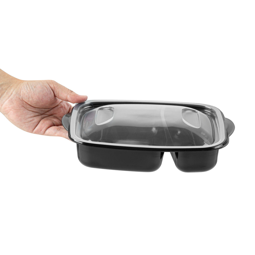 Chef 101 36 oz Rectangle Black Plastic Food Container - with Clear Lid, Microwavable, 2 Compartments - 8 3/4" x 7" x 2 1/4" - 100 count box