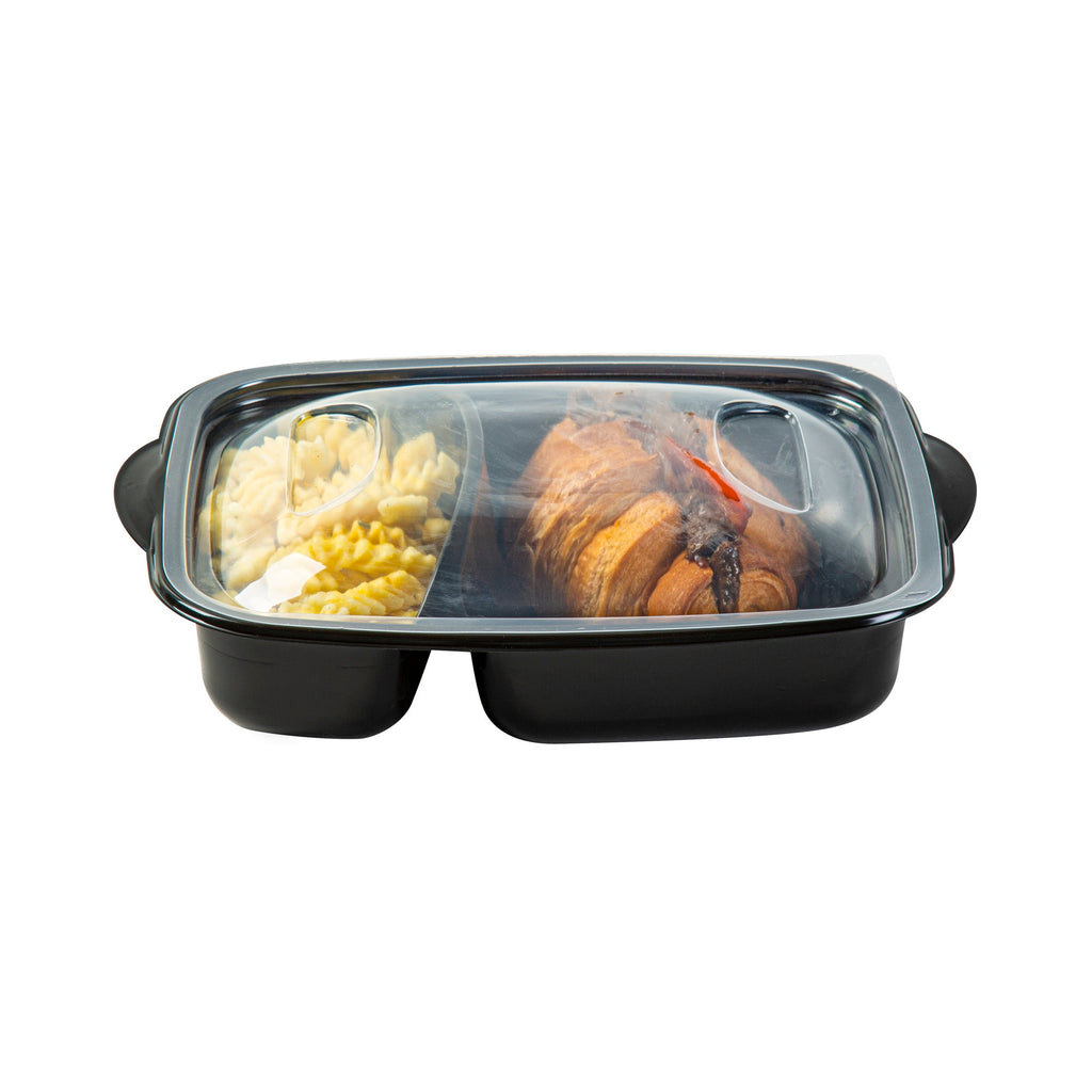 Chef 101 36 oz Rectangle Black Plastic Food Container - with Clear Lid, Microwavable, 2 Compartments - 8 3/4" x 7" x 2 1/4" - 100 count box