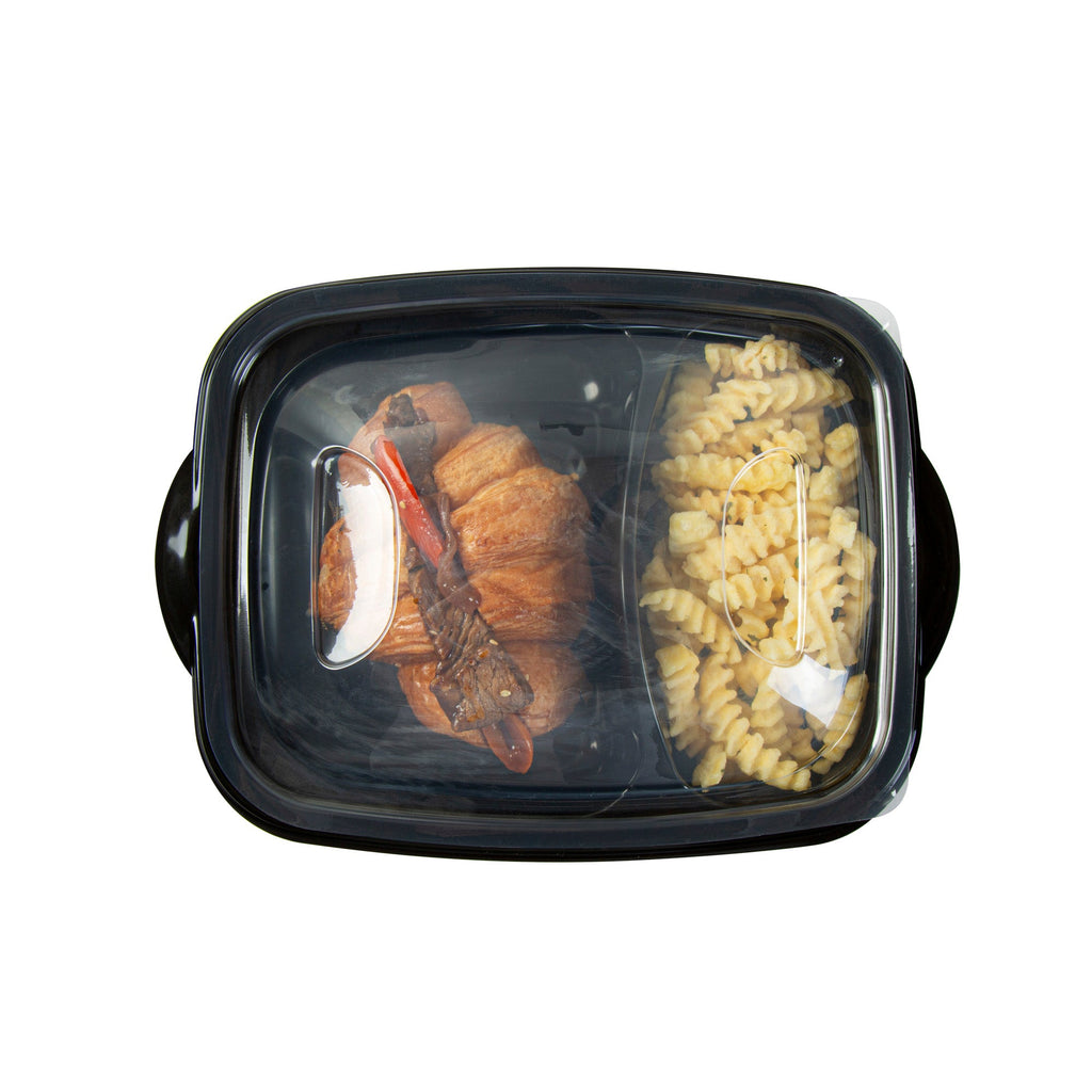 Chef 101 36 oz Rectangle Black Plastic Food Container - with Clear Lid, Microwavable, 2 Compartments - 8 3/4" x 7" x 2 1/4" - 100 count box