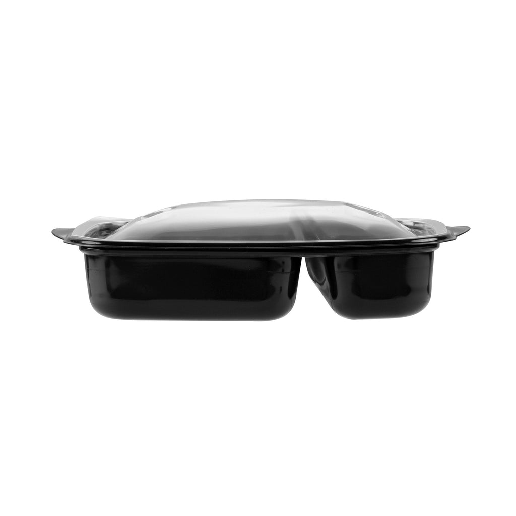 Chef 101 36 oz Rectangle Black Plastic Food Container - with Clear Lid, Microwavable, 2 Compartments - 8 3/4" x 7" x 2 1/4" - 100 count box