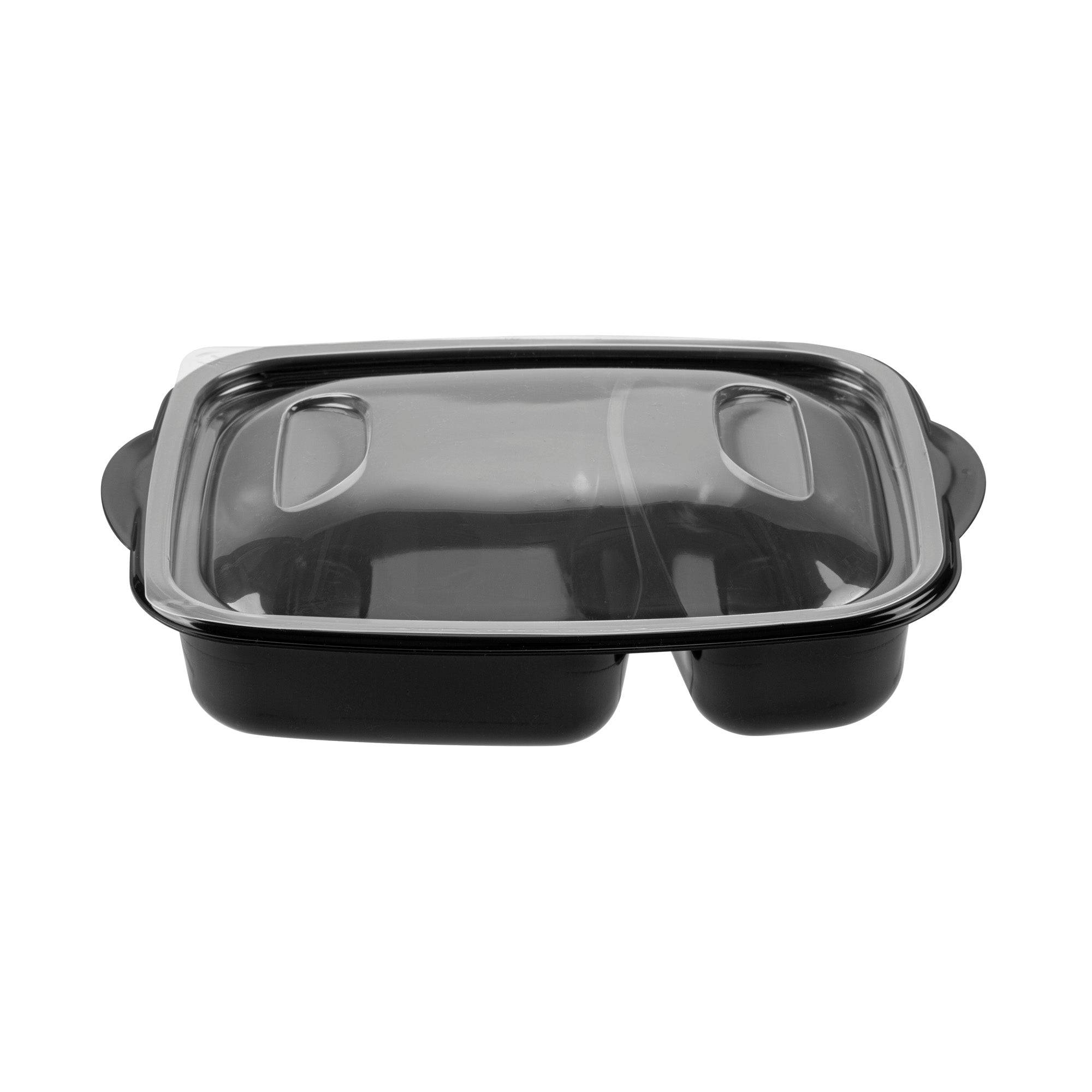 Chef 101 36 oz Rectangle Black Plastic Food Container - with Clear Lid, Microwavable, 2 Compartments - 8 3/4" x 7" x 2 1/4" - 100 count box