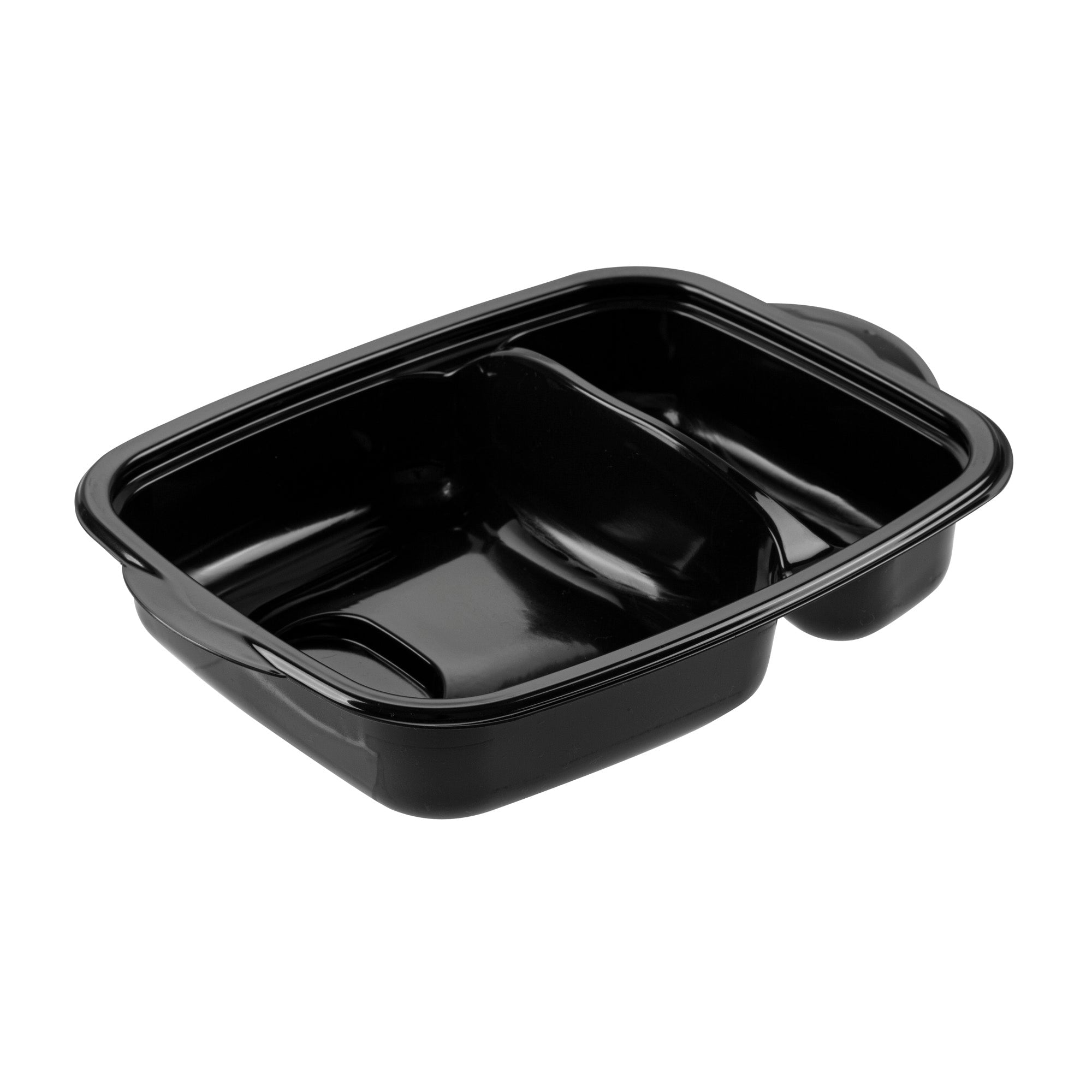 Chef 101 36 oz Rectangle Black Plastic Food Container - with Clear Lid, Microwavable, 2 Compartments - 8 3/4" x 7" x 2 1/4" - 100 count box