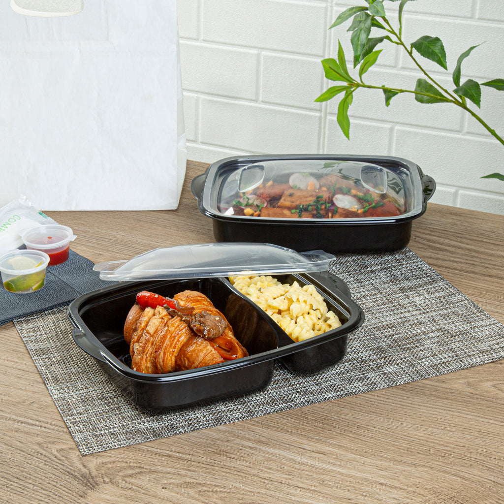 Chef 101 36 oz Rectangle Black Plastic Food Container - with Clear Lid, Microwavable, 2 Compartments - 8 3/4" x 7" x 2 1/4" - 100 count box