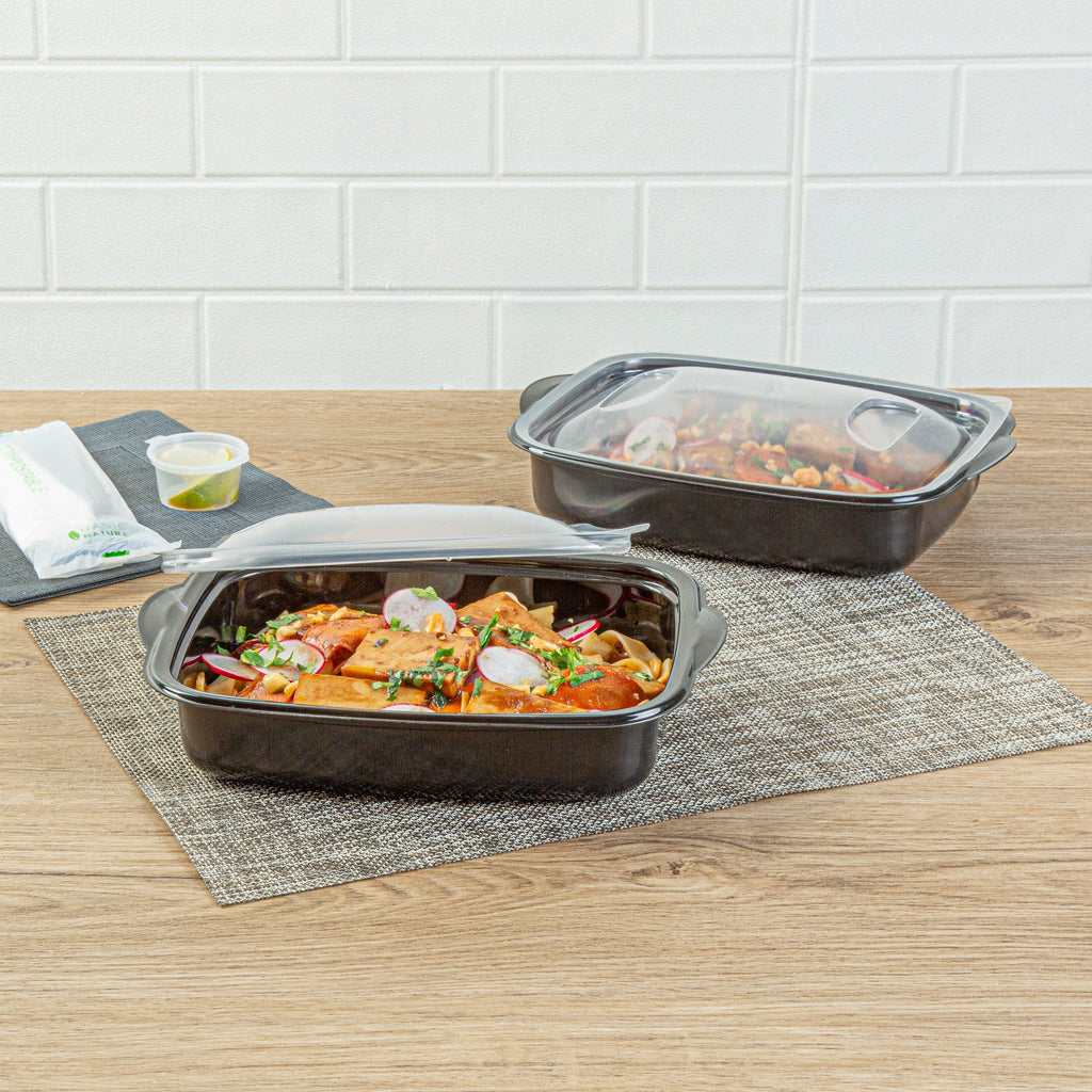 Chef 101 36 oz Rectangle Black Plastic Food Container - with Clear Lid, Microwavable - 8 3/4" x 7" x 2 1/4" - 100 count box