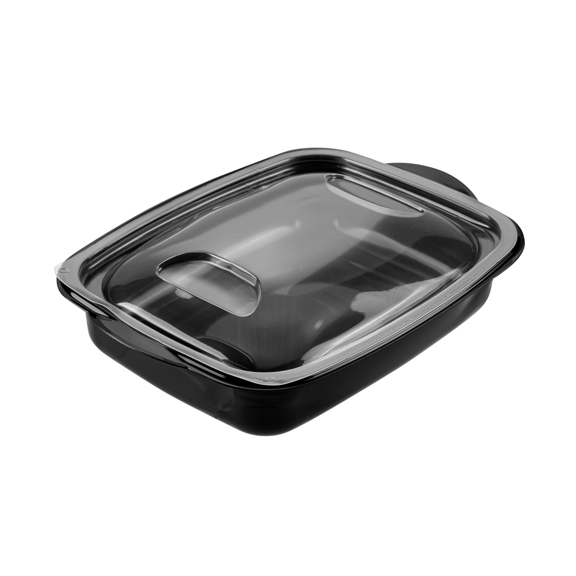 Chef 101 36 oz Rectangle Black Plastic Food Container - with Clear Lid, Microwavable - 8 3/4" x 7" x 2 1/4" - 50 count box