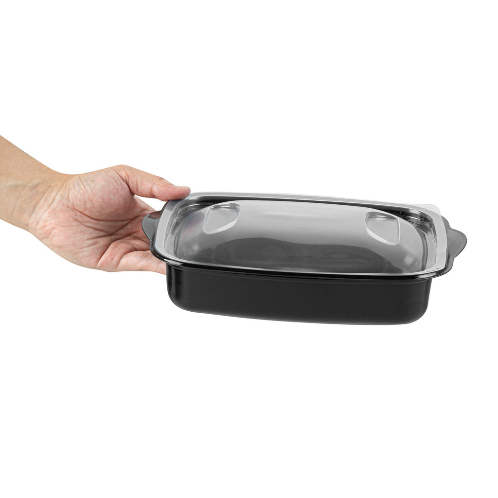 Chef 101 36 oz Rectangle Black Plastic Food Container - with Clear Lid, Microwavable - 8 3/4" x 7" x 2 1/4" - 50 count box