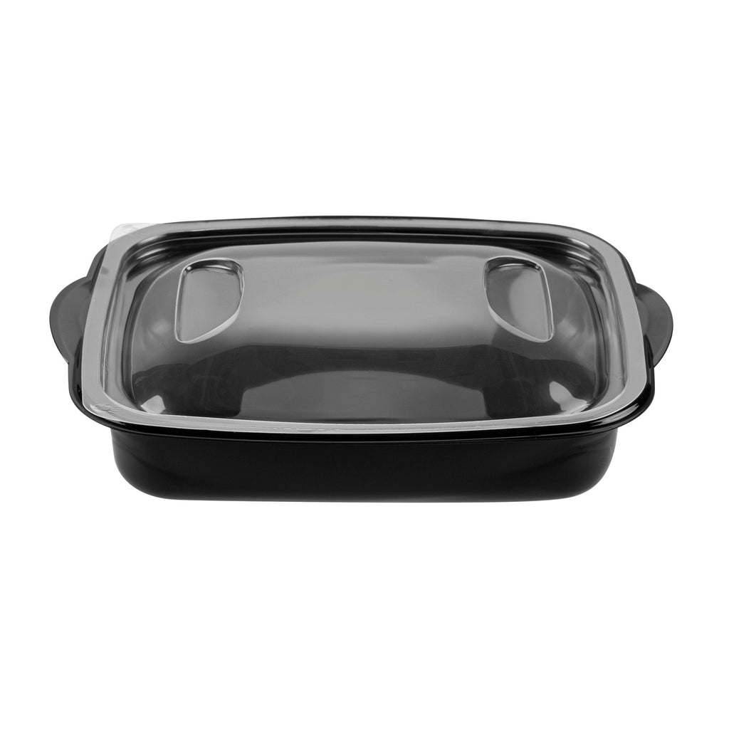 Chef 101 36 oz Rectangle Black Plastic Food Container - with Clear Lid, Microwavable - 8 3/4" x 7" x 2 1/4" - 50 count box