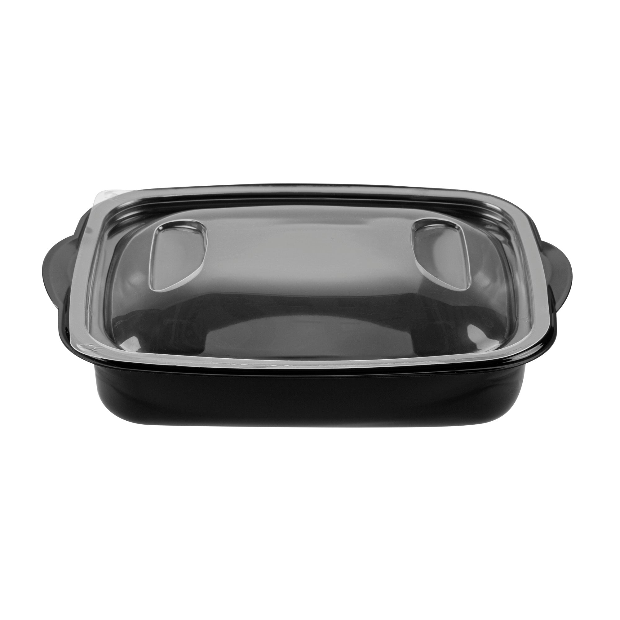 Chef 101 36 oz Rectangle Black Plastic Food Container - with Clear Lid, Microwavable - 8 3/4" x 7" x 2 1/4" - 50 count box