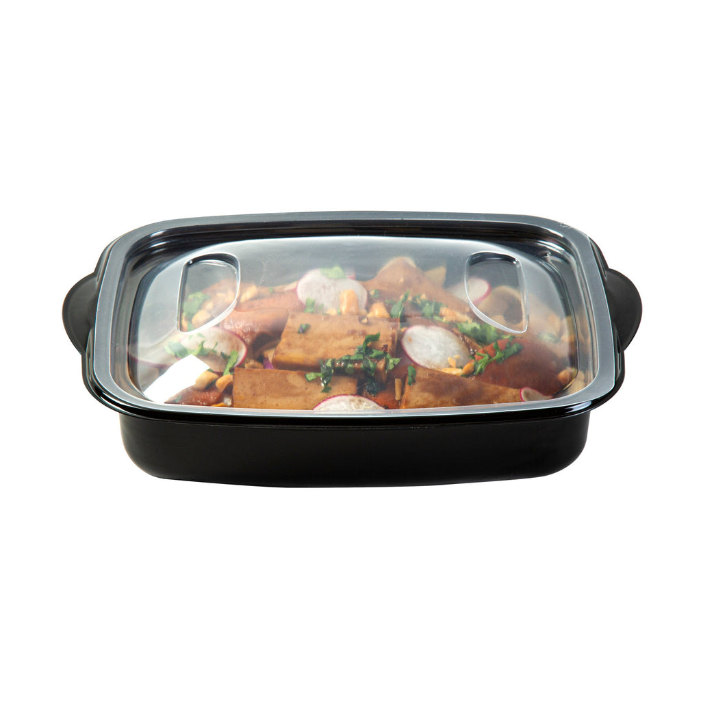 Chef 101 36 oz Rectangle Black Plastic Food Container - with Clear Lid, Microwavable - 8 3/4" x 7" x 2 1/4" - 100 count box
