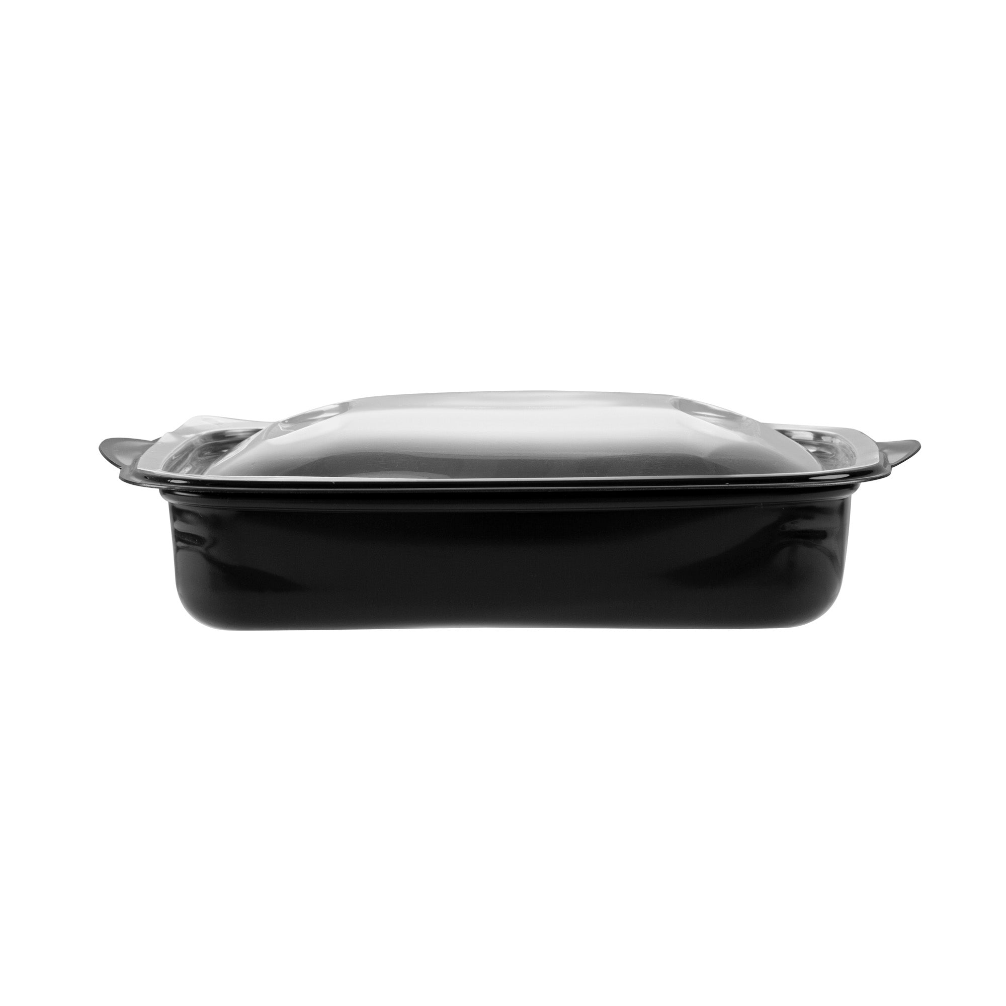 Chef 101 36 oz Rectangle Black Plastic Food Container - with Clear Lid, Microwavable - 8 3/4" x 7" x 2 1/4" - 100 count box