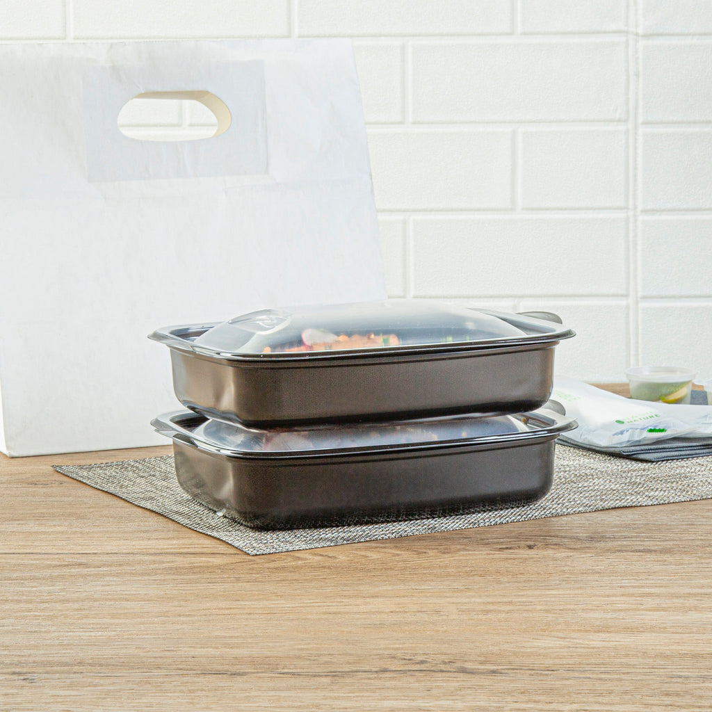 Chef 101 36 oz Rectangle Black Plastic Food Container - with Clear Lid, Microwavable - 8 3/4" x 7" x 2 1/4" - 100 count box