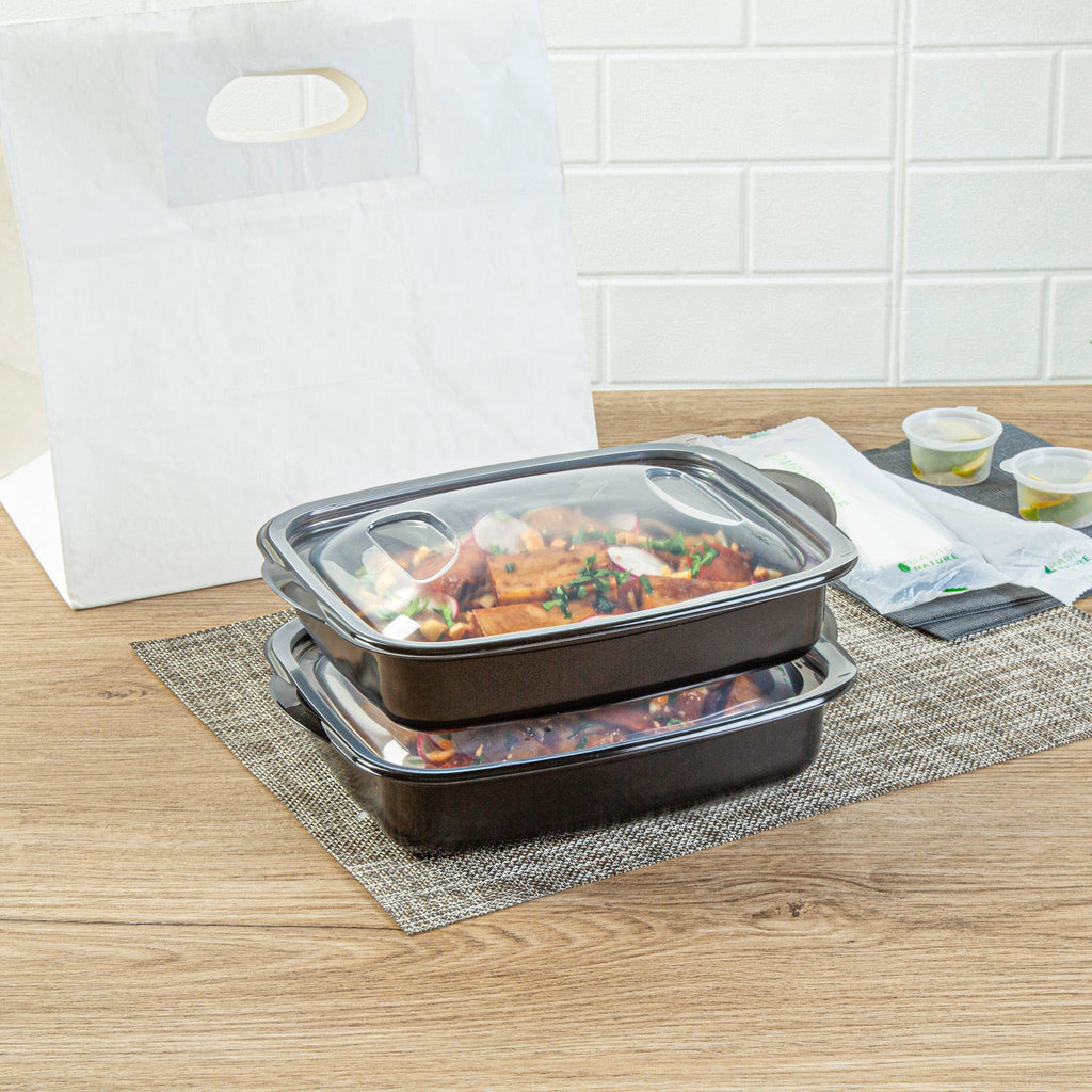 Chef 101 36 oz Rectangle Black Plastic Food Container - with Clear Lid, Microwavable - 8 3/4" x 7" x 2 1/4" - 100 count box
