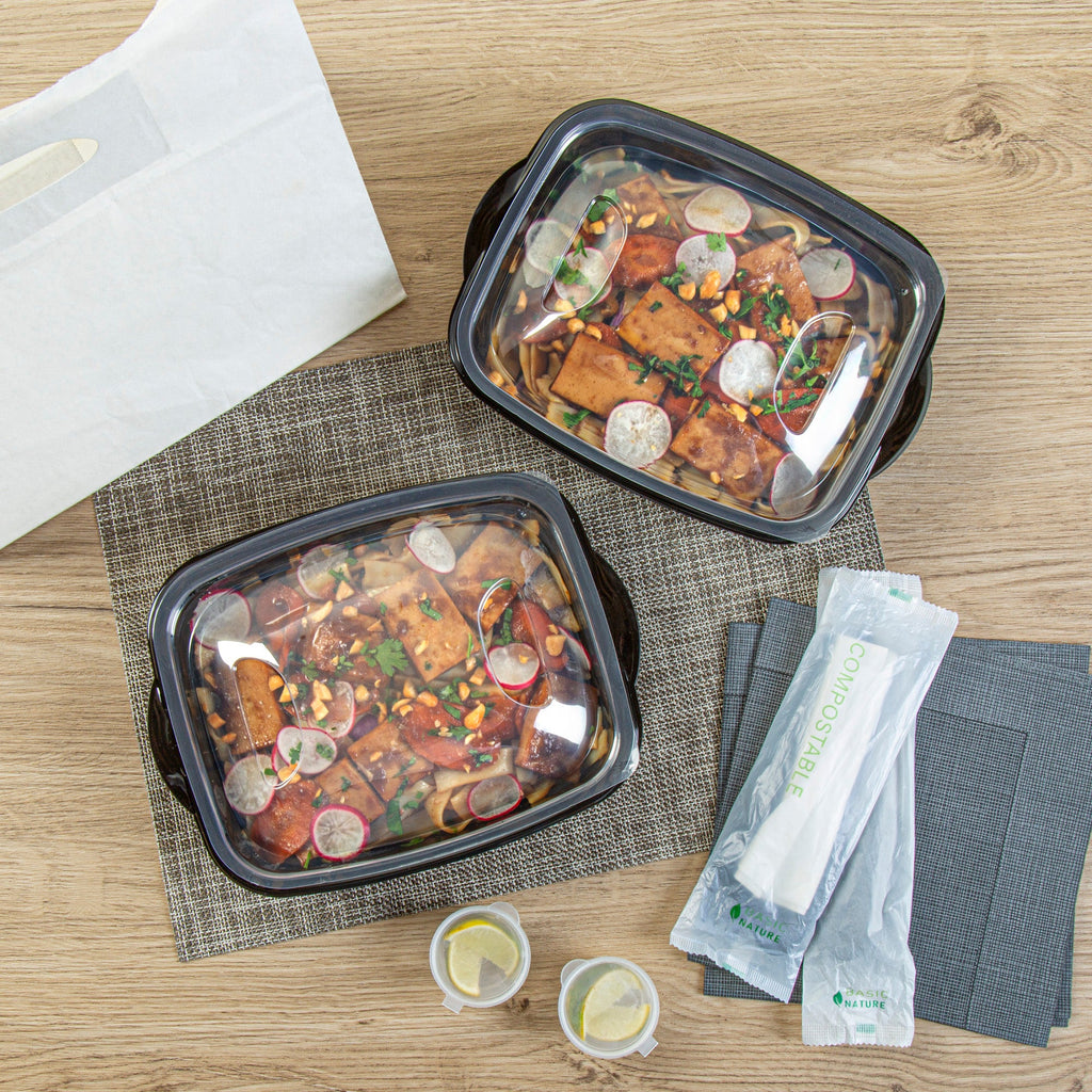 Chef 101 36 oz Rectangle Black Plastic Food Container - with Clear Lid, Microwavable - 8 3/4" x 7" x 2 1/4" - 100 count box