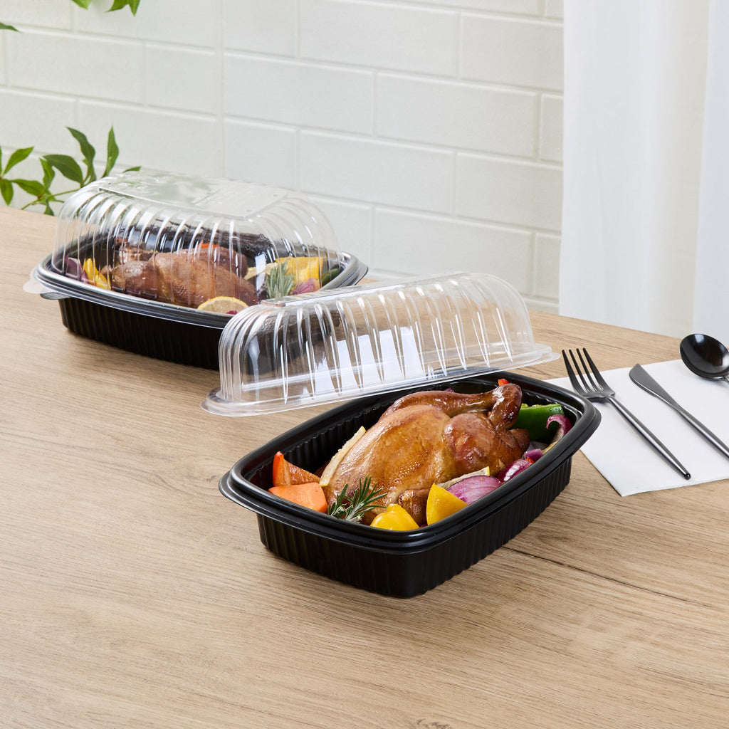 Chef 101 Black Plastic Chicken Roaster Container - with Clear Dome Lid, Microwavable - 10 1/4" x 7 1/4" x 4 3/4" - 50 count box
