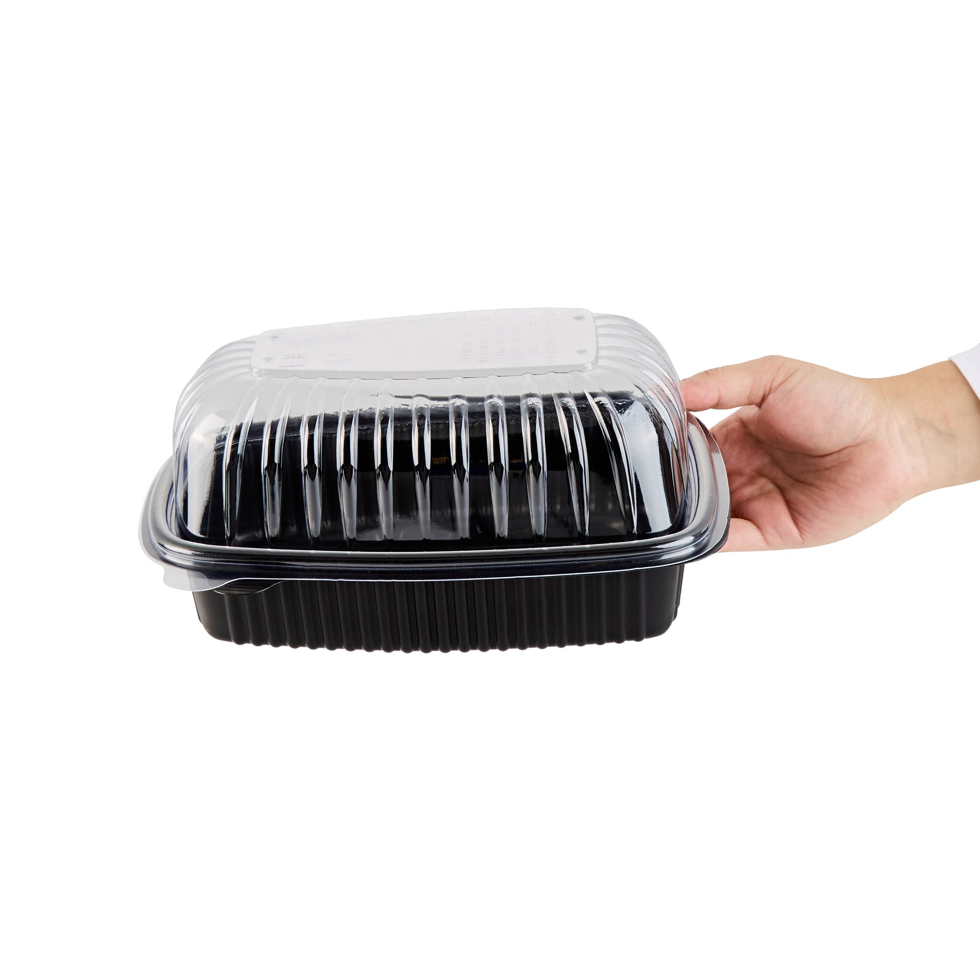 Chef 101 Black Plastic Chicken Roaster Container - with Clear Dome Lid, Microwavable - 10 1/4" x 7 1/4" x 4 3/4" - 50 count box