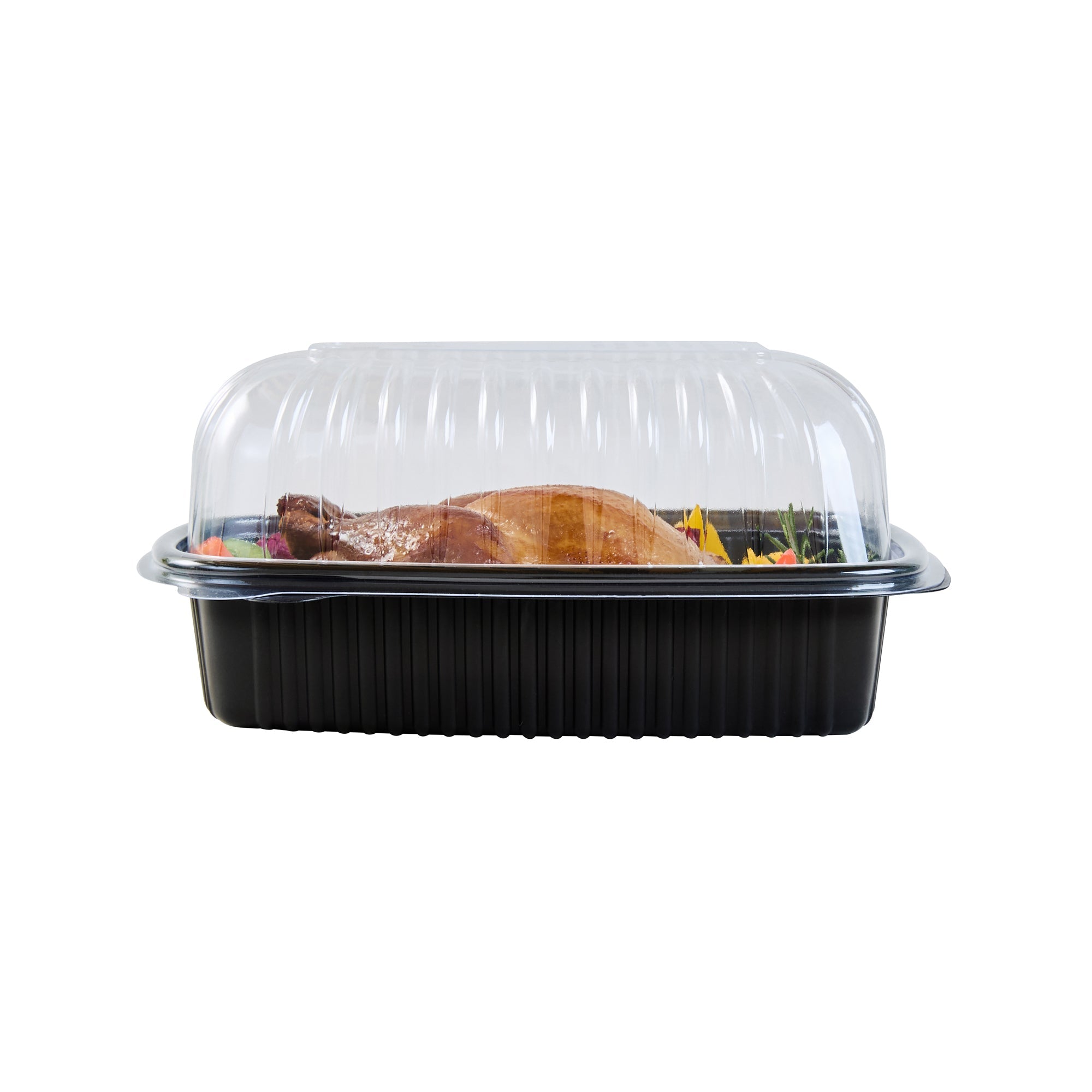 Chef 101 Black Plastic Chicken Roaster Container - with Clear Dome Lid, Microwavable - 10 1/4" x 7 1/4" x 4 3/4" - 50 count box
