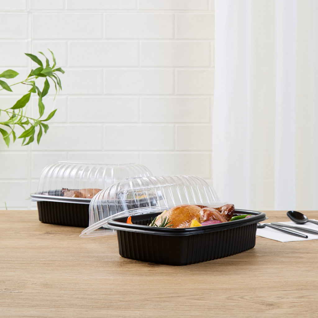Chef 101 Black Plastic Chicken Roaster Container - with Clear Dome Lid, Microwavable - 10 1/4" x 7 1/4" x 4 3/4" - 50 count box