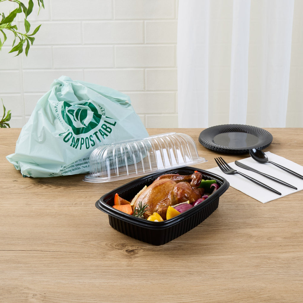 Chef 101 Black Plastic Chicken Roaster Container - with Clear Dome Lid, Microwavable - 10 1/4" x 7 1/4" x 4 3/4" - 50 count box