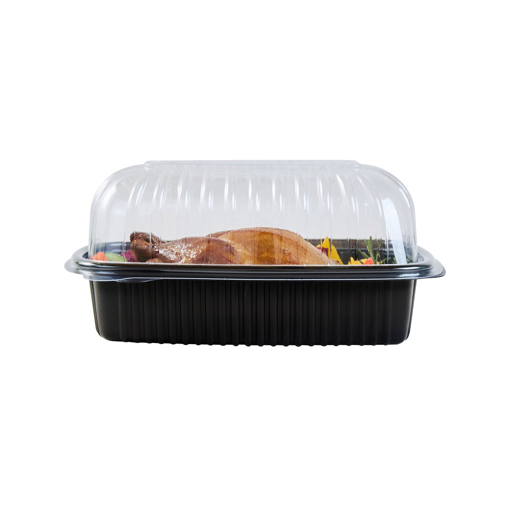 Chef 101 Black Plastic Chicken Roaster Container - with Clear Dome Lid, Microwavable - 10 1/4" x 7 1/4" x 4 3/4" - 100 count box