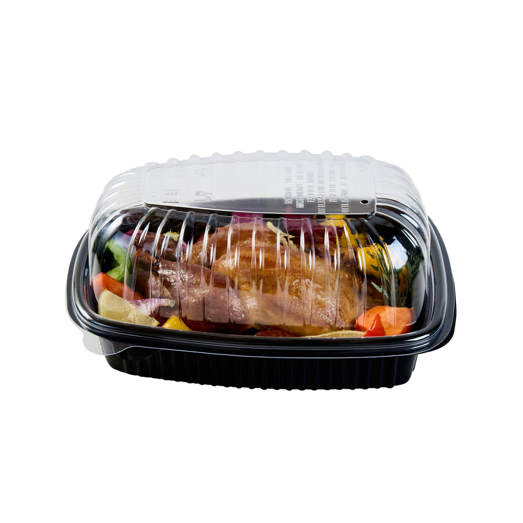 Chef 101 Black Plastic Chicken Roaster Container - with Clear Dome Lid, Microwavable - 10 1/4" x 7 1/4" x 4 3/4" - 100 count box