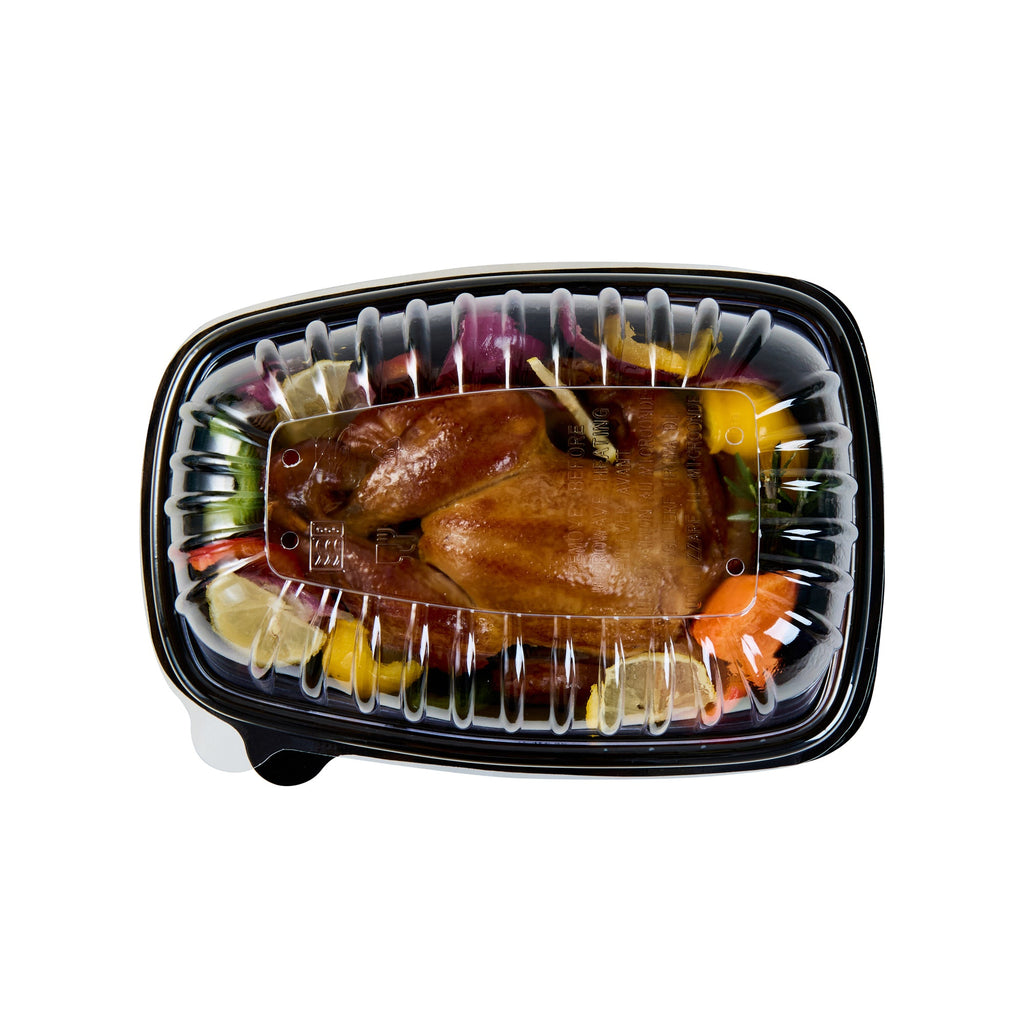 Chef 101 Black Plastic Chicken Roaster Container - with Clear Dome Lid, Microwavable - 10 1/4" x 7 1/4" x 4 3/4" - 100 count box