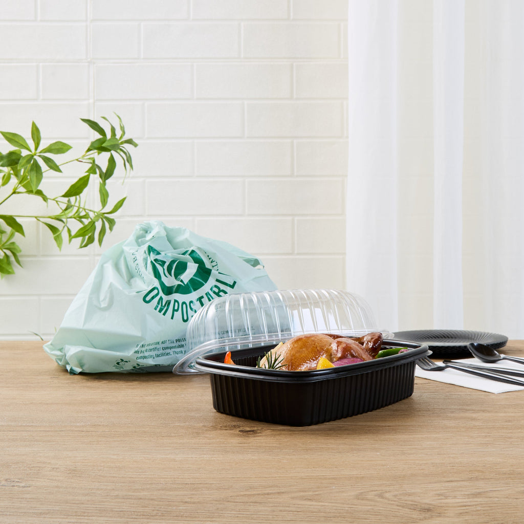 Chef 101 Black Plastic Chicken Roaster Container - with Clear Dome Lid, Microwavable - 10 1/4" x 7 1/4" x 4 3/4" - 100 count box