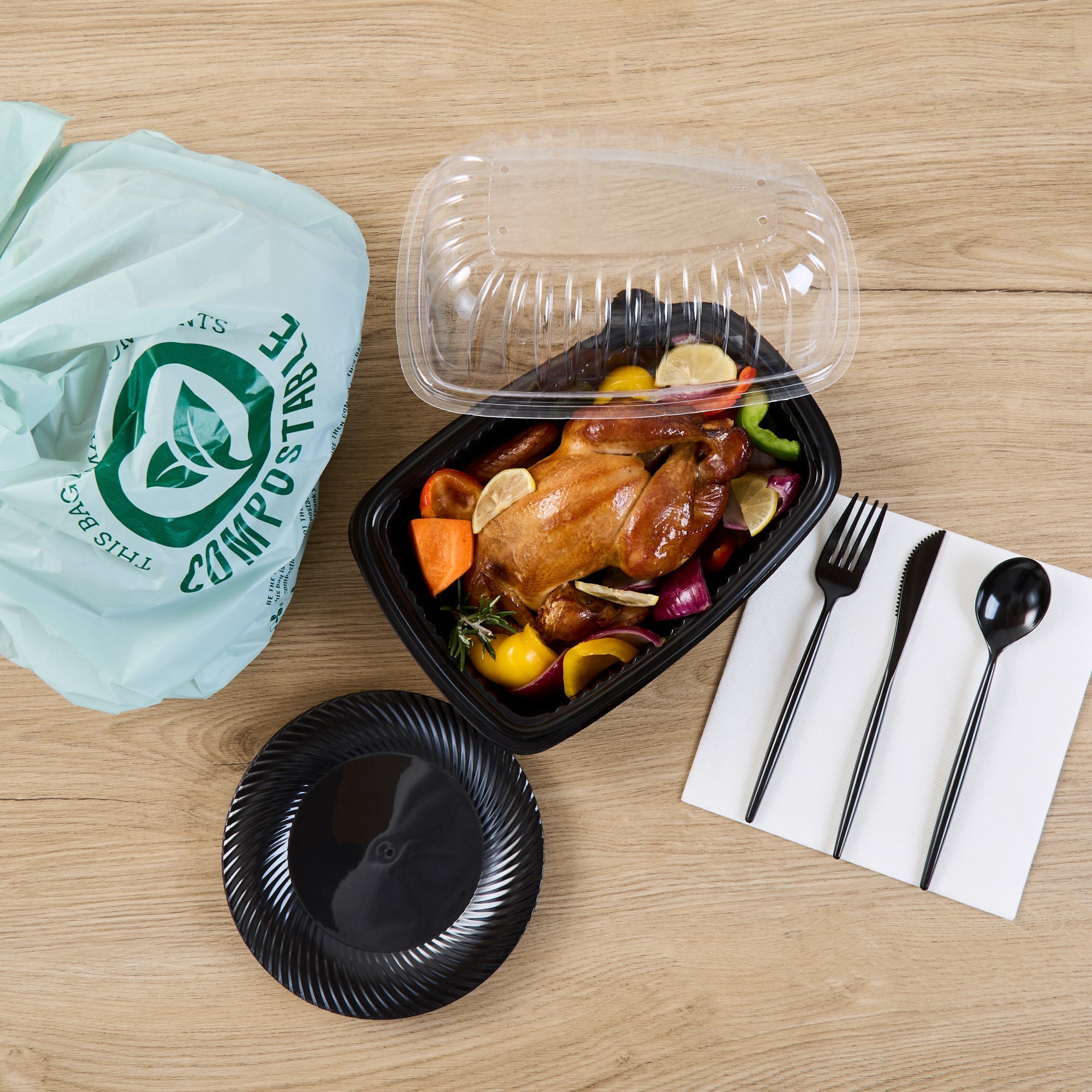 Chef 101 Black Plastic Chicken Roaster Container - with Clear Dome Lid, Microwavable - 10 1/4" x 7 1/4" x 4 3/4" - 100 count box