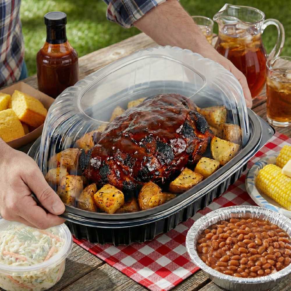 Chef 101 Black Plastic Chicken Roaster Container - with Clear Dome Lid, Microwavable - 10" x 7 1/2" x 4 1/2" - 50 count box