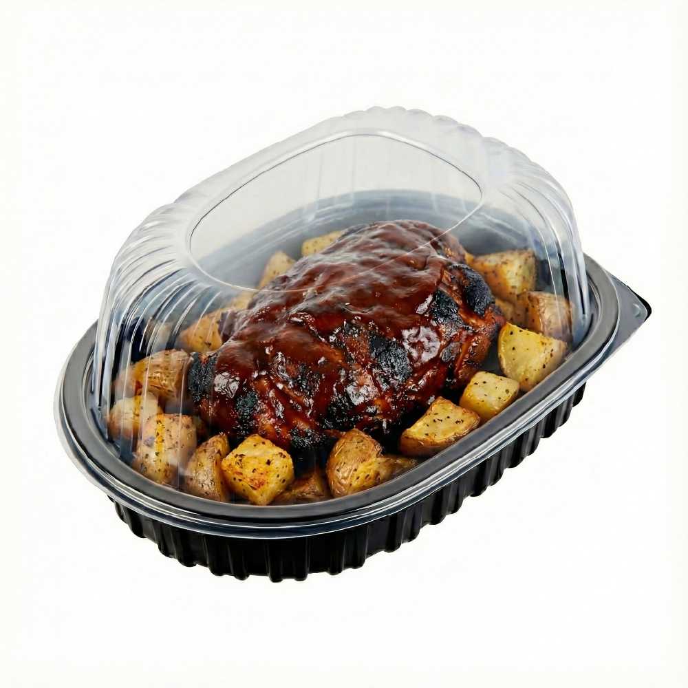 Chef 101 Black Plastic Chicken Roaster Container - with Clear Dome Lid, Microwavable - 10" x 7 1/2" x 4 1/2" - 100 count box