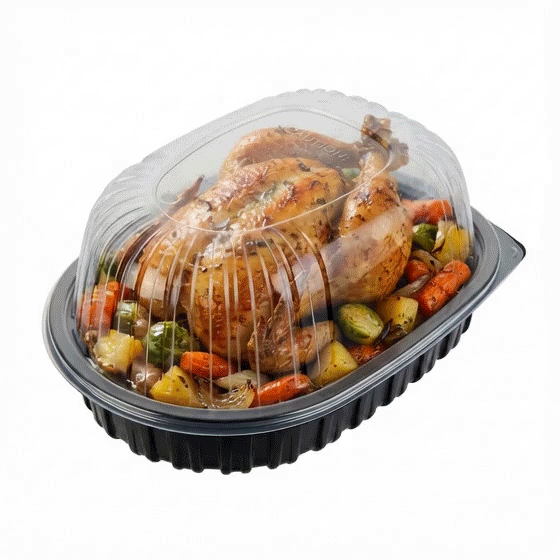 Chef 101 Black Plastic Chicken Roaster Container - with Clear Dome Lid, Microwavable - 10" x 7 1/2" x 4 1/2" - 100 count box