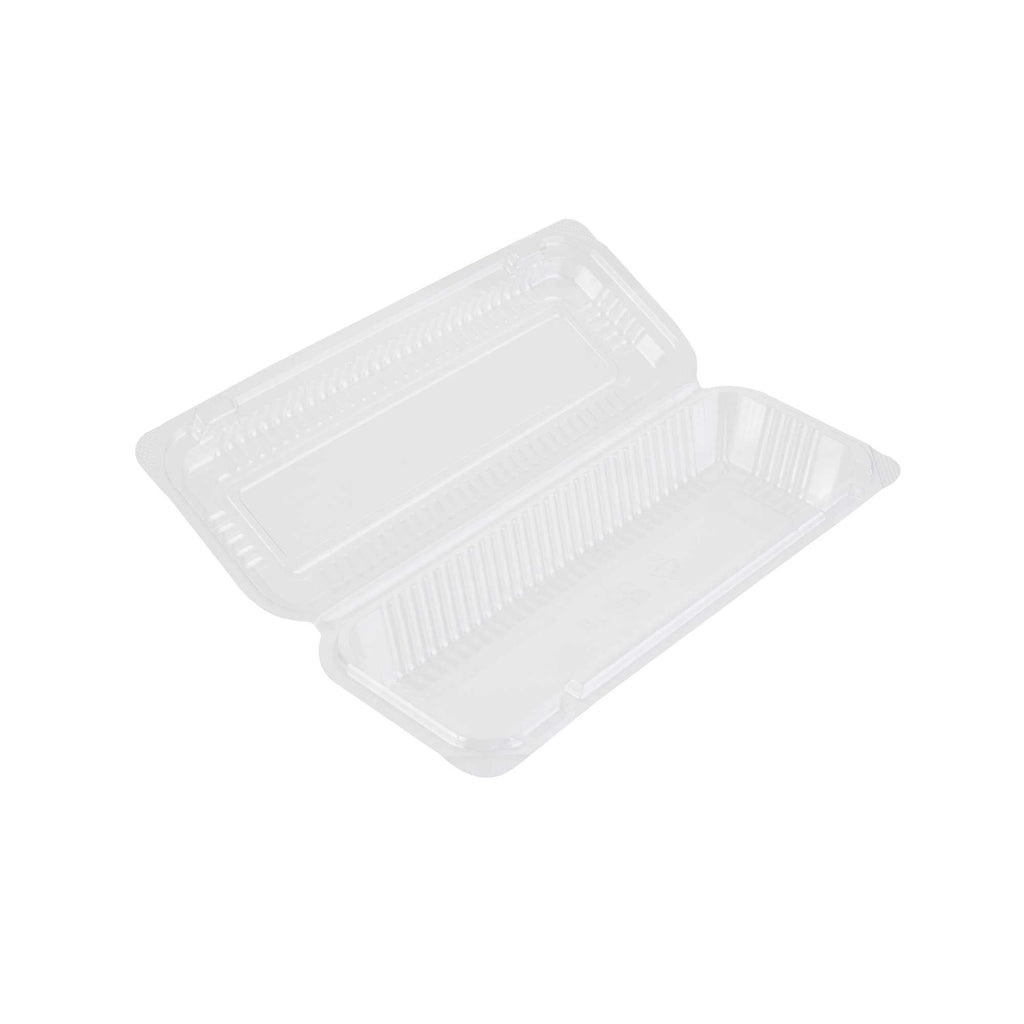 Thermo Tek Rectangle Clear Plastic Clamshell Container - 8 1/2" x 3 1/2" x 1 1/2" - 100 count box