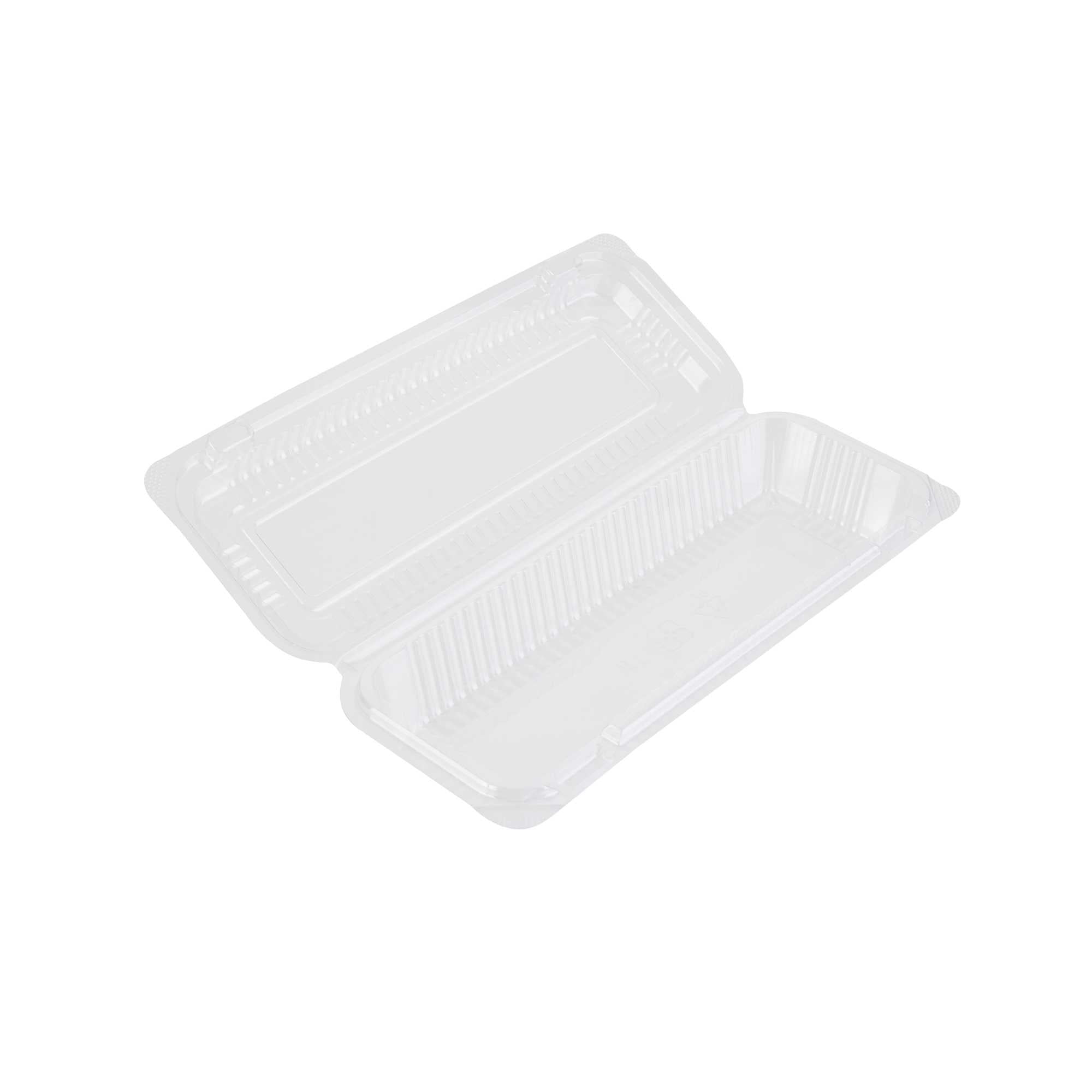 Thermo Tek Rectangle Clear Plastic Clamshell Container - 8 1/2" x 3 1/2" x 1 1/2" - 100 count box