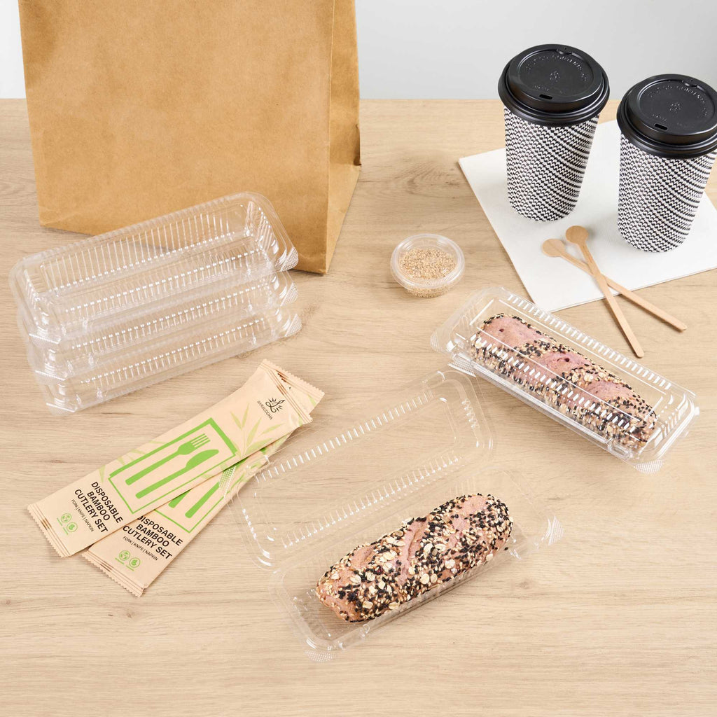 Thermo Tek Rectangle Clear Plastic Clamshell Container - 8 1/2" x 3 1/2" x 1 1/2" - 100 count box