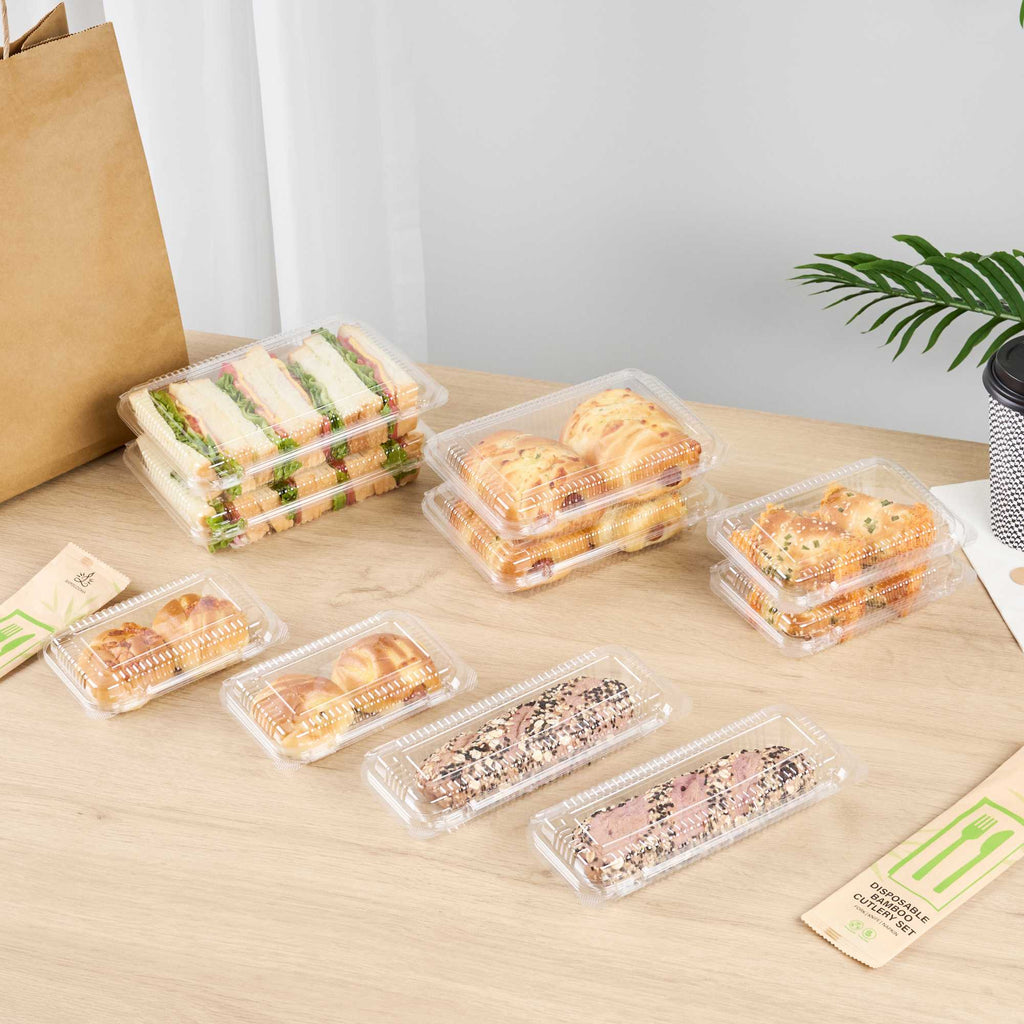 Thermo Tek Rectangle Clear Plastic Clamshell Container - 8 1/2" x 3 1/2" x 1 1/2" - 100 count box
