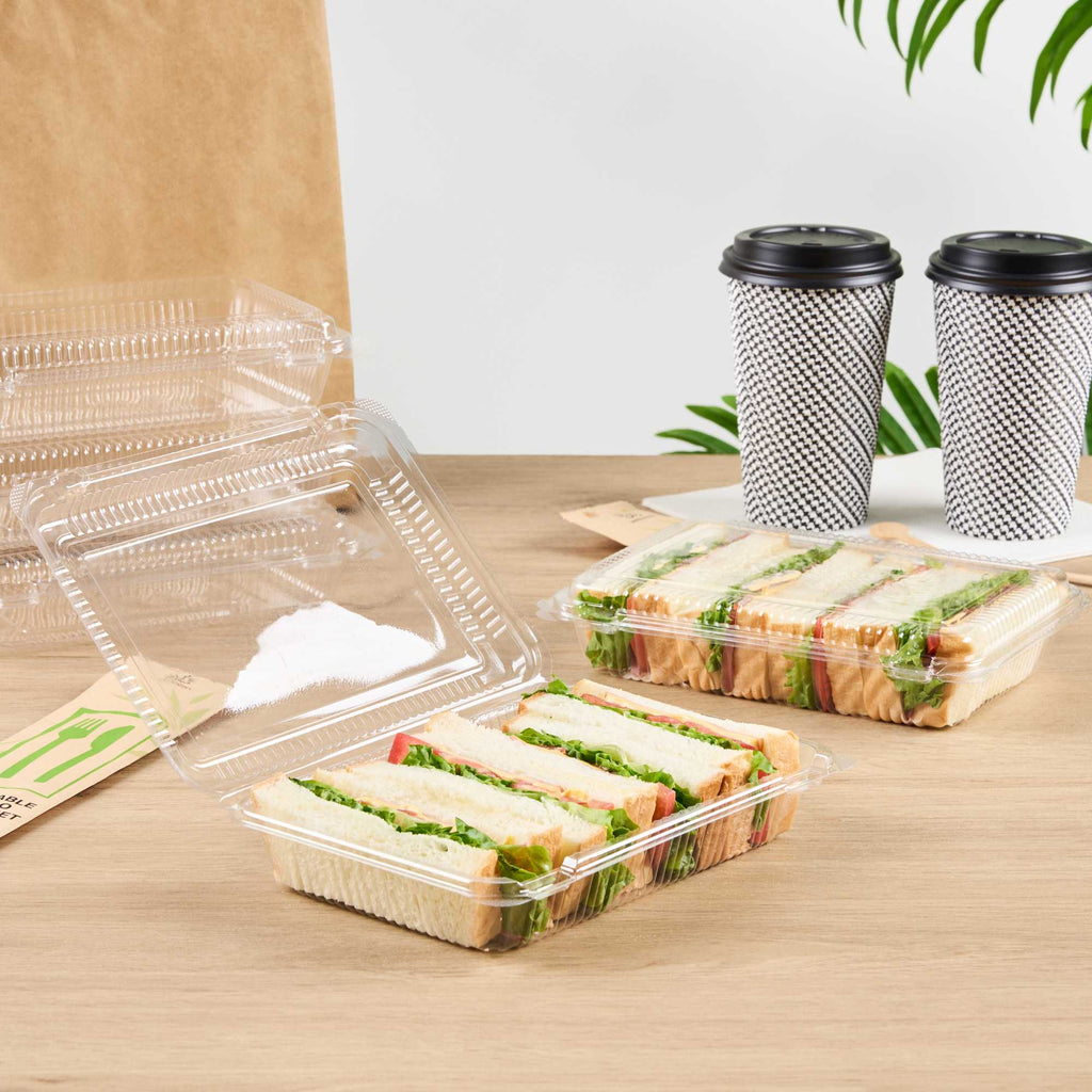 Thermo Tek Rectangle Clear Plastic Clamshell Container - 8 1/4" x 5 3/4" x 1 3/4" - 100 count box