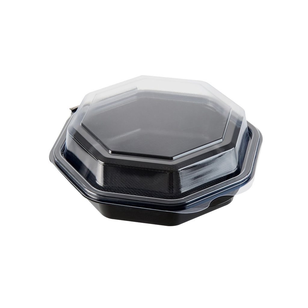 Chef 101 Octagon Black Plastic Food Container - with Clear Lid - 6 1/4" x 6 1/4" x 2" - 100 count box