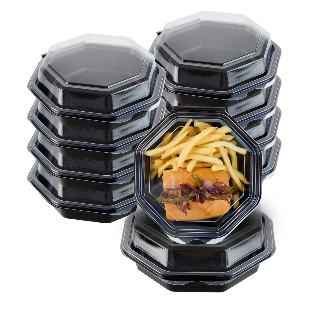 Chef 101 Octagon Black Plastic Food Container - with Clear Lid - 6 1/4" x 6 1/4" x 2" - 100 count box