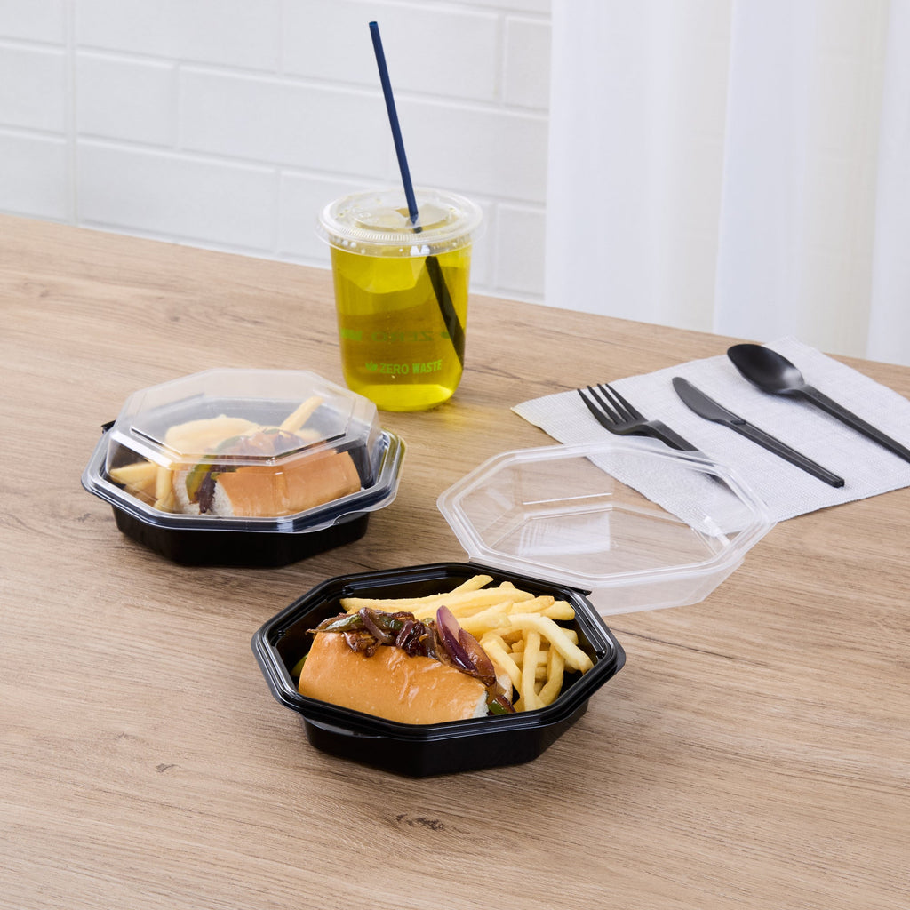 Chef 101 Octagon Black Plastic Food Container - with Clear Lid - 6 1/4" x 6 1/4" x 2" - 100 count box