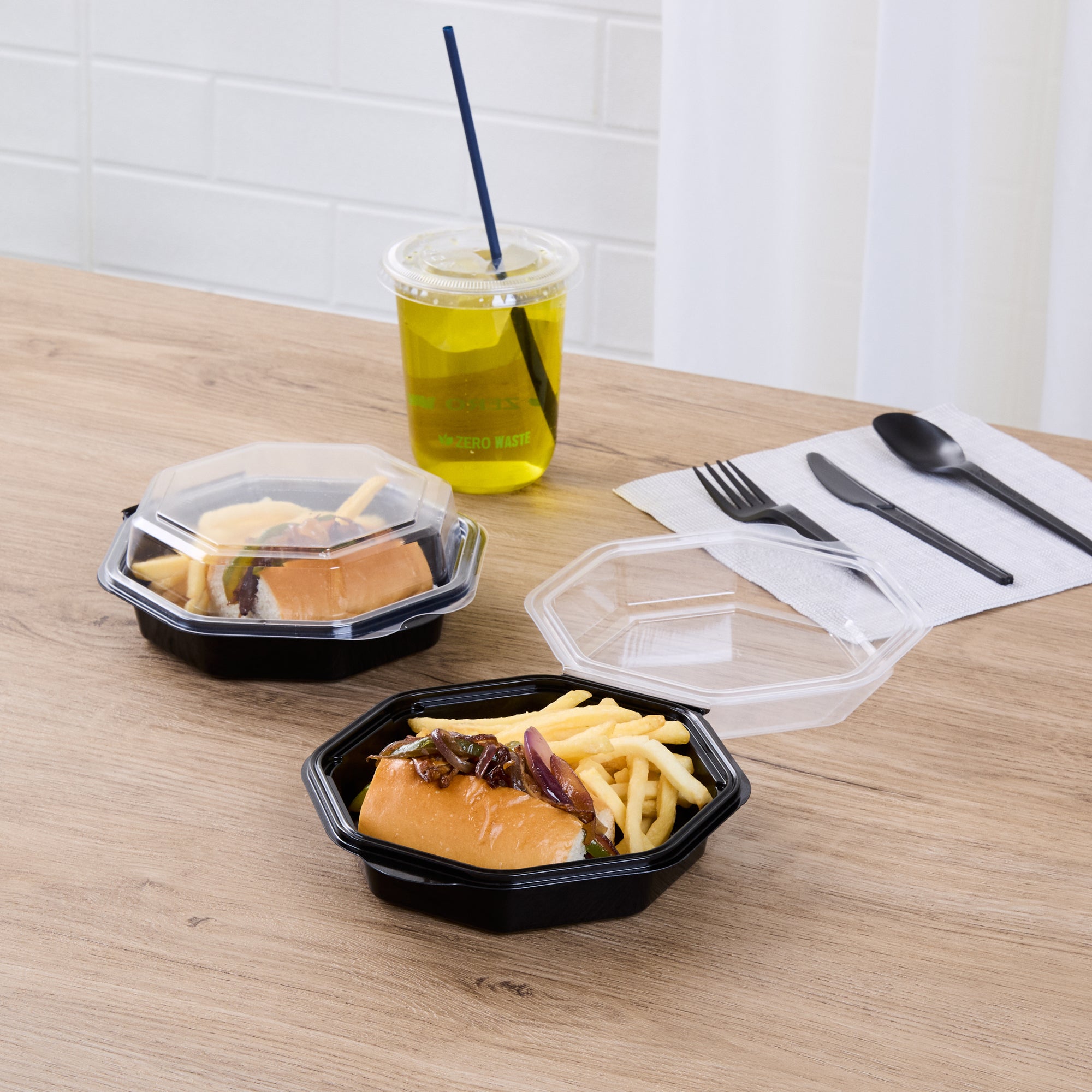 Chef 101 Octagon Black Plastic Food Container - with Clear Lid - 6 1/4" x 6 1/4" x 2" - 100 count box