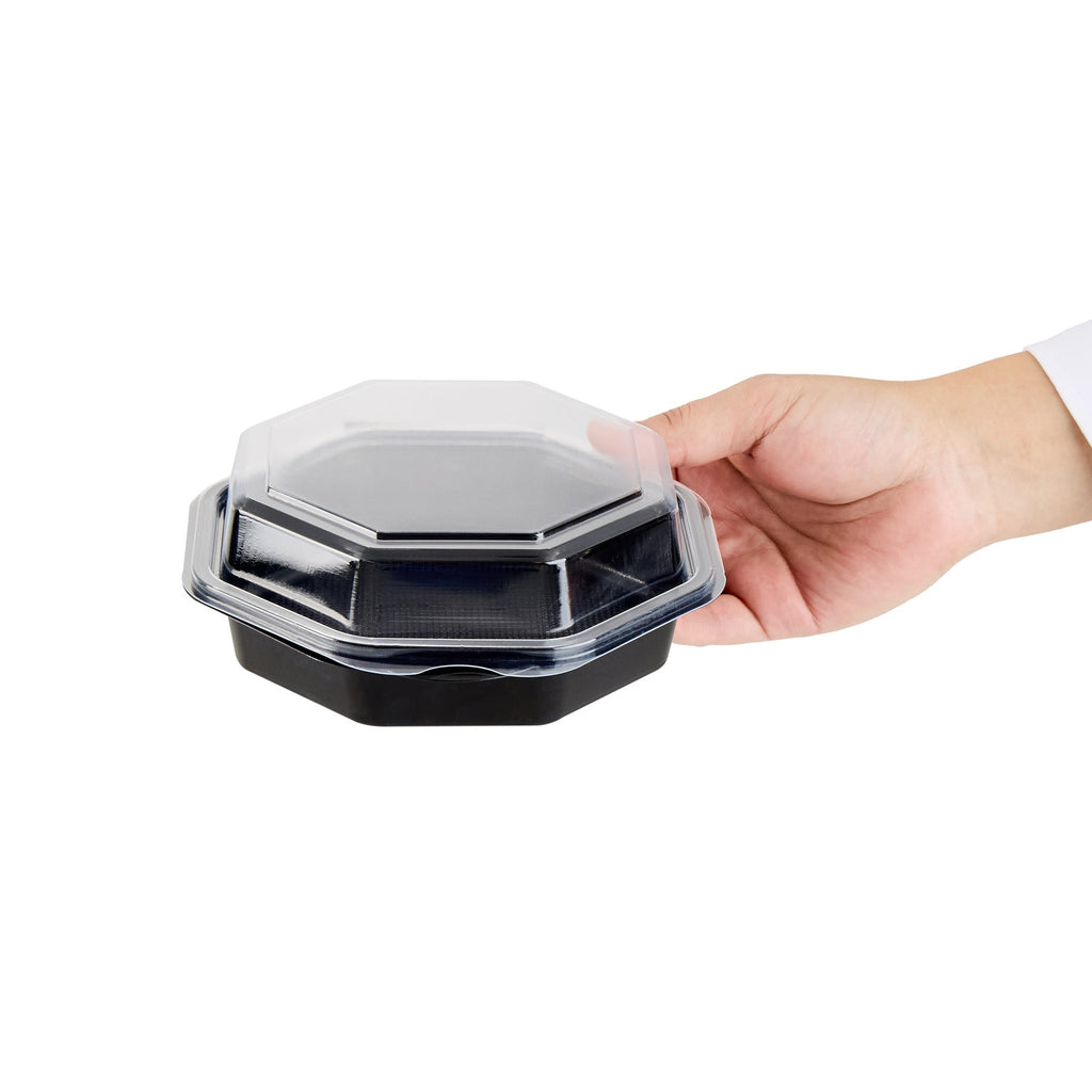 Chef 101 Octagon Black Plastic Food Container - with Clear Lid - 6 1/4" x 6 1/4" x 2" - 100 count box