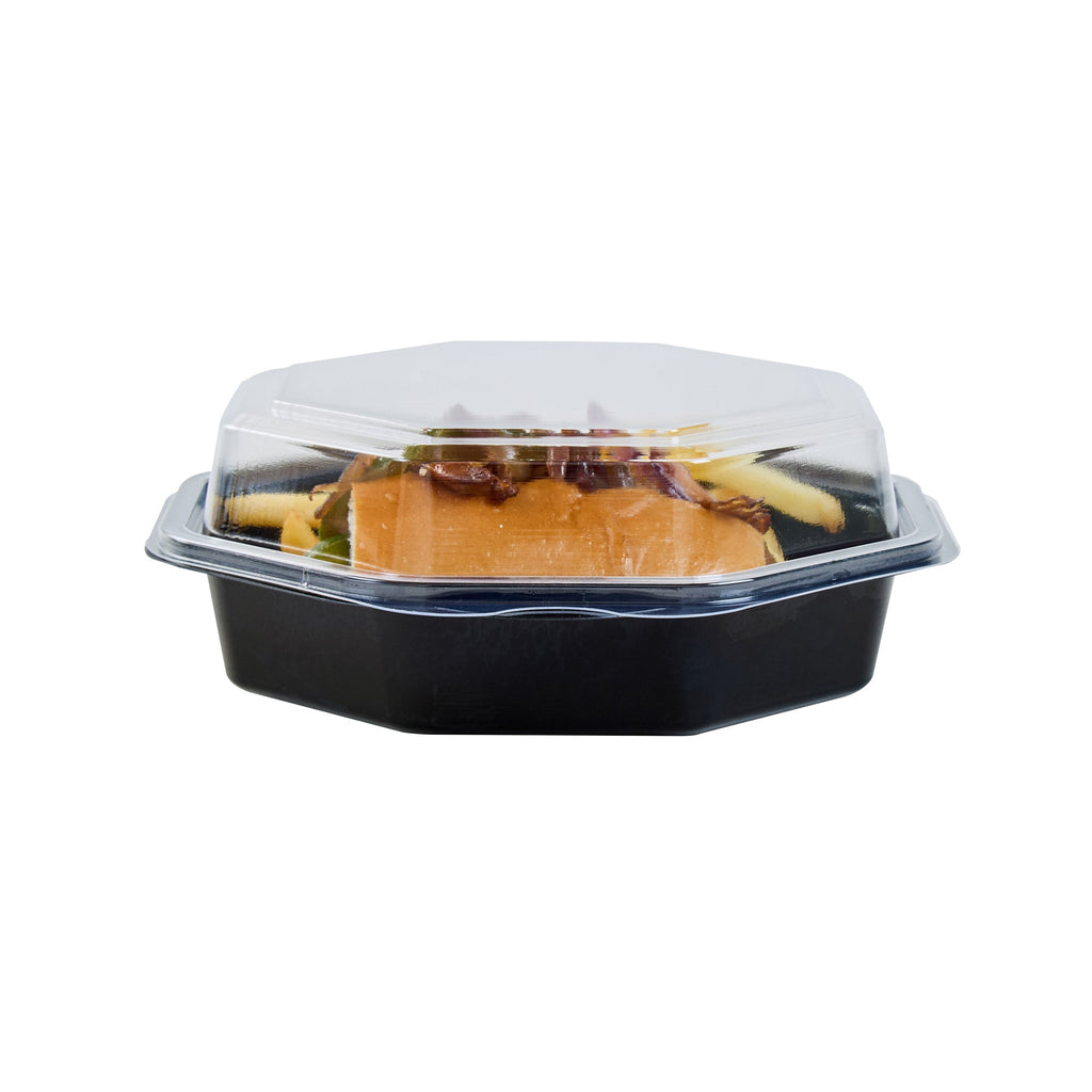 Chef 101 Octagon Black Plastic Food Container - with Clear Lid - 6 1/4" x 6 1/4" x 2" - 100 count box