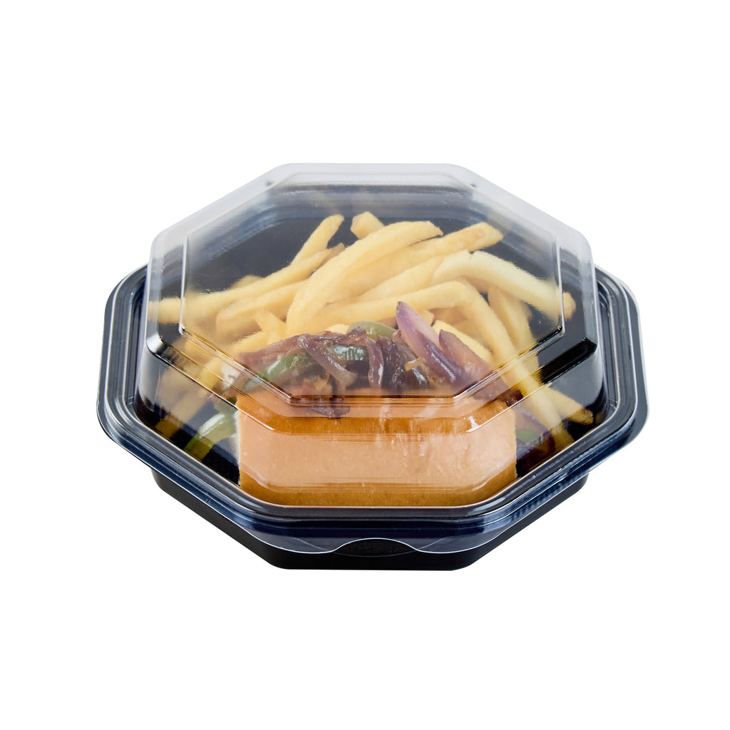 Chef 101 Octagon Black Plastic Food Container - with Clear Lid - 6 1/4" x 6 1/4" x 2" - 100 count box