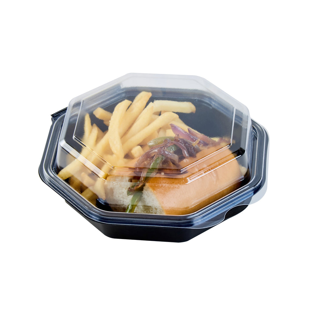 Chef 101 Octagon Black Plastic Food Container - with Clear Lid - 6 1/4" x 6 1/4" x 2" - 100 count box